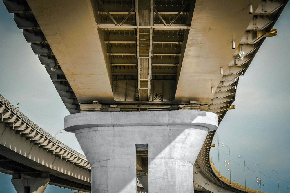 Underside of a concrete bridge on a pier